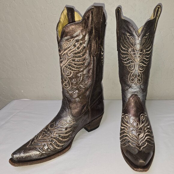 Corral Vintage Series Bronze Metallic Silver Grommet Leather Cowgirl Boots 8.5 - Picture 12 of 12